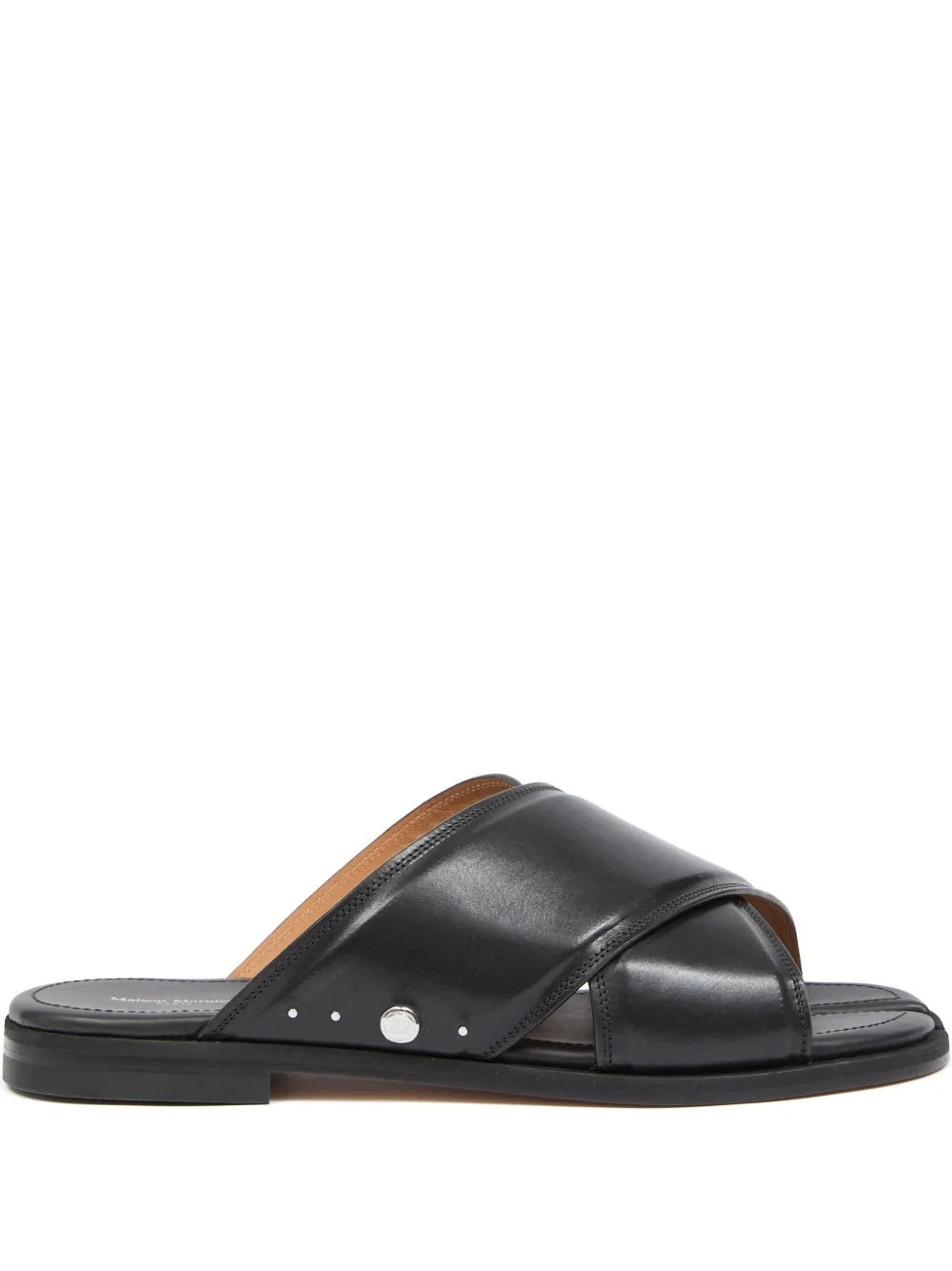 Tabi Numbers Crossed Sandal in Black black calf leather flat sandal with crossover strap and signature split toe, side view – Maison Margiela