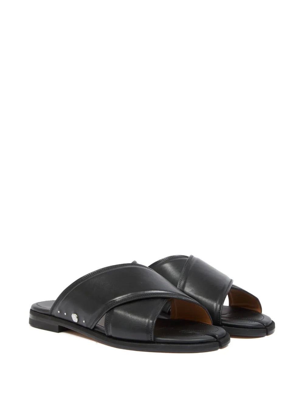 Tabi Numbers Crossed Sandal in Black black calf leather sandal with crossover strap, silver-tone hardware and split toe, diagonal front view – Maison Margiela