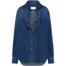 Maison Margiela V-Neck Long-Sleeved Shirt in medium blue - front view, deconstructed dual neckline with raw-edged V-cut and snap button fastening
