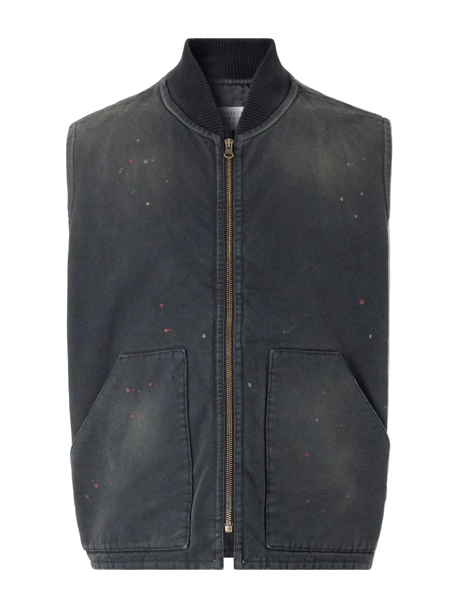 Maison Margiela Workwear Vest in black cotton canvas with contrast splatter spots, sleeveless workwear silhouette and front zip closure.