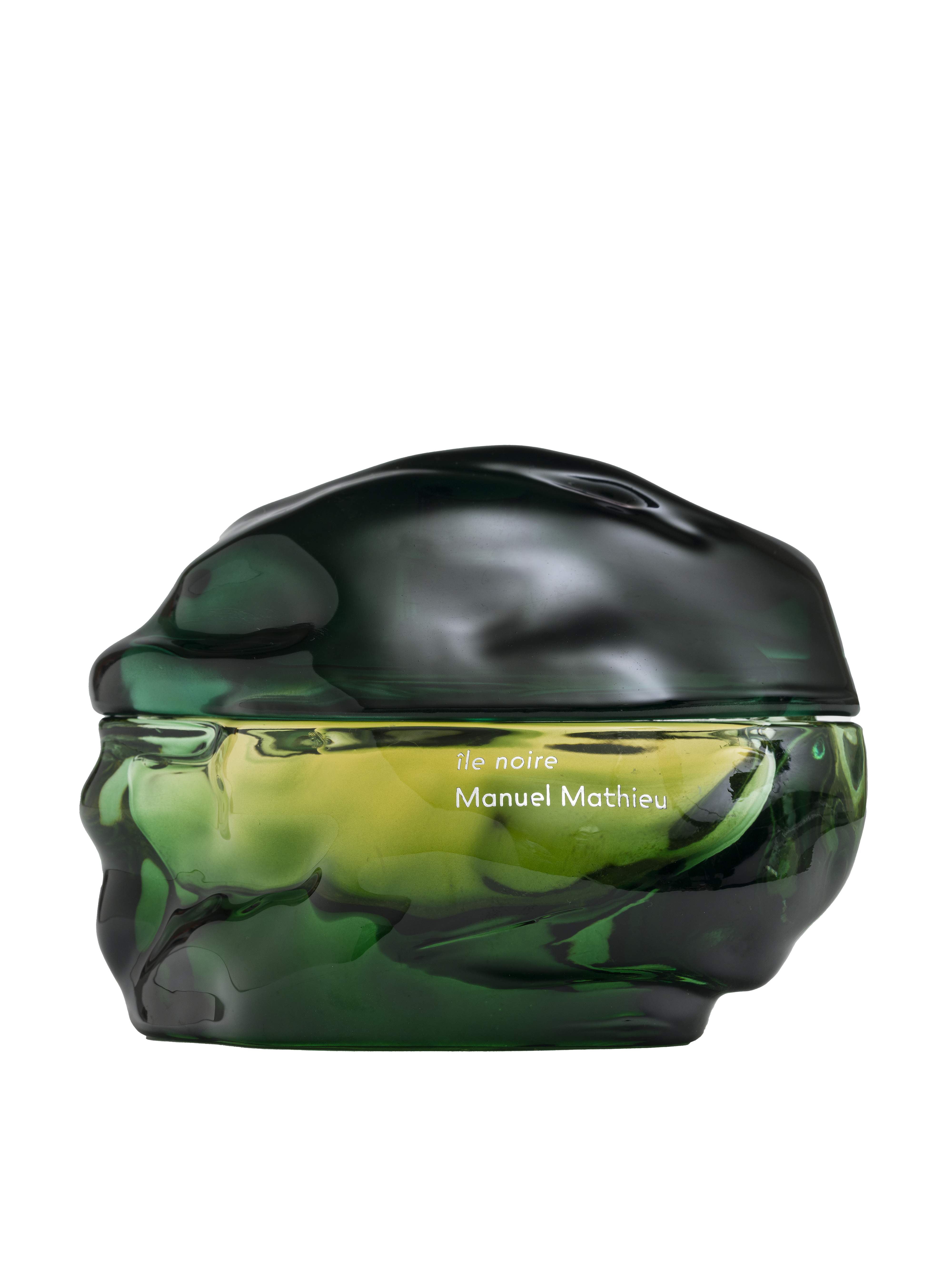Manuel Mathieu perfume bottle with green and black design on a white background
