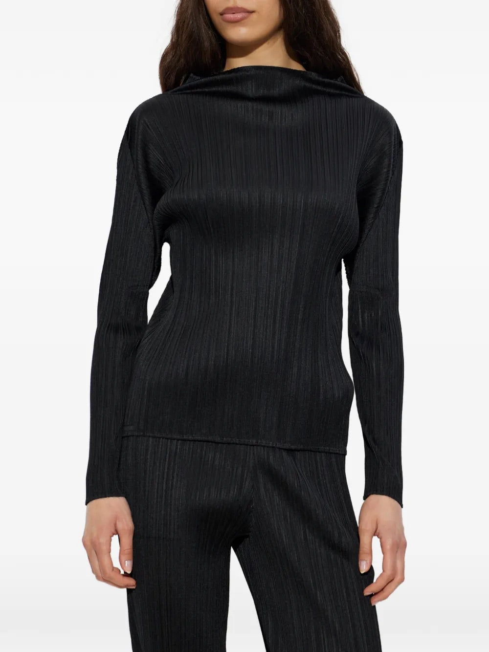 Pleats Please Issey Miyake Mock Neck Long Sleeve Shirt Black - close-up showing mock neck and pleated texture 