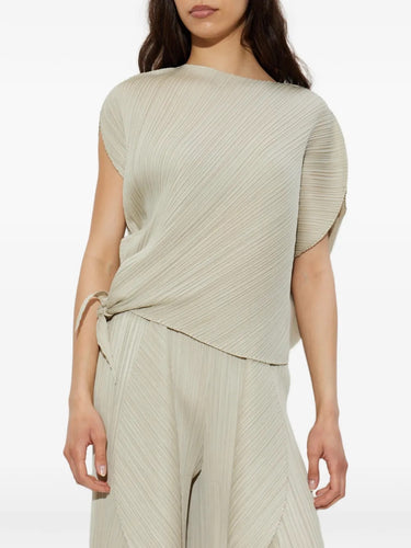 Pleats Please Issey Miyake leaf top greige side view showing drape