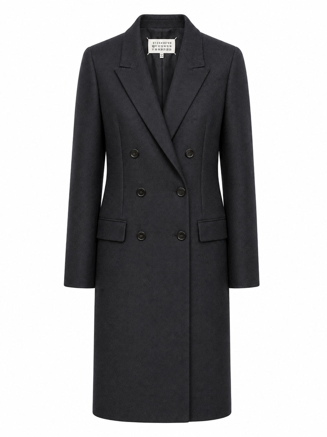 Maison Margiela Margiela AW26 Coat in Black shown from the front, featuring peak lapels, structured shoulders, six-button fastening and flap pockets.