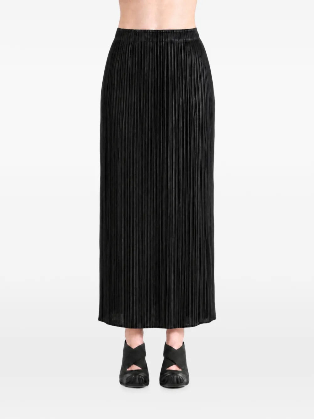 Pleats Please Issey Miyake May SS26 Basic Skirt in Black worn front view
