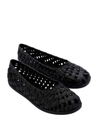 A pair of black ballerina shoe with weave design from Melissa