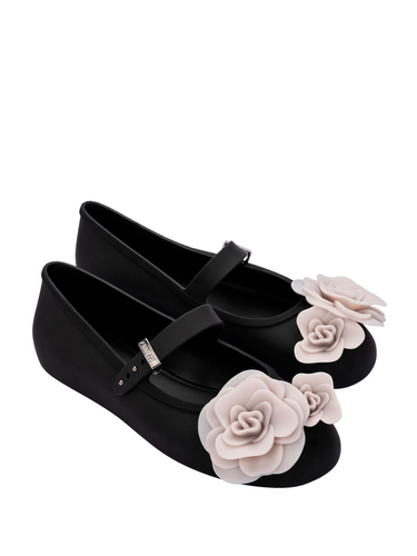 A pair of black ballerina with beige rose detail from Melissa