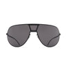 Aviator Sunshield MR005 in Black/Pitch Black Super Black by Mykita x Rimowa, front view of oversized single shield aviator sunglasses with ultra-thin stainless steel frame, integrated geometric nose bridge and super black lenses, made in Germany