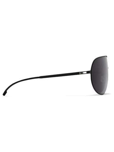 Aviator Sunshield MR005 in Black/Pitch Black Super Black by Mykita x Rimowa, side profile showing slim temple arm and ultra-thin stainless steel frame construction with super black shield lens