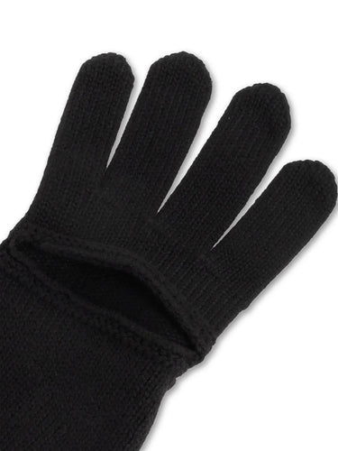 Close-up packshot of the Issey Miyake AW25 Breeze Knit Gloves in black, focusing on the precise cut-out detail and textured ribbed knit.