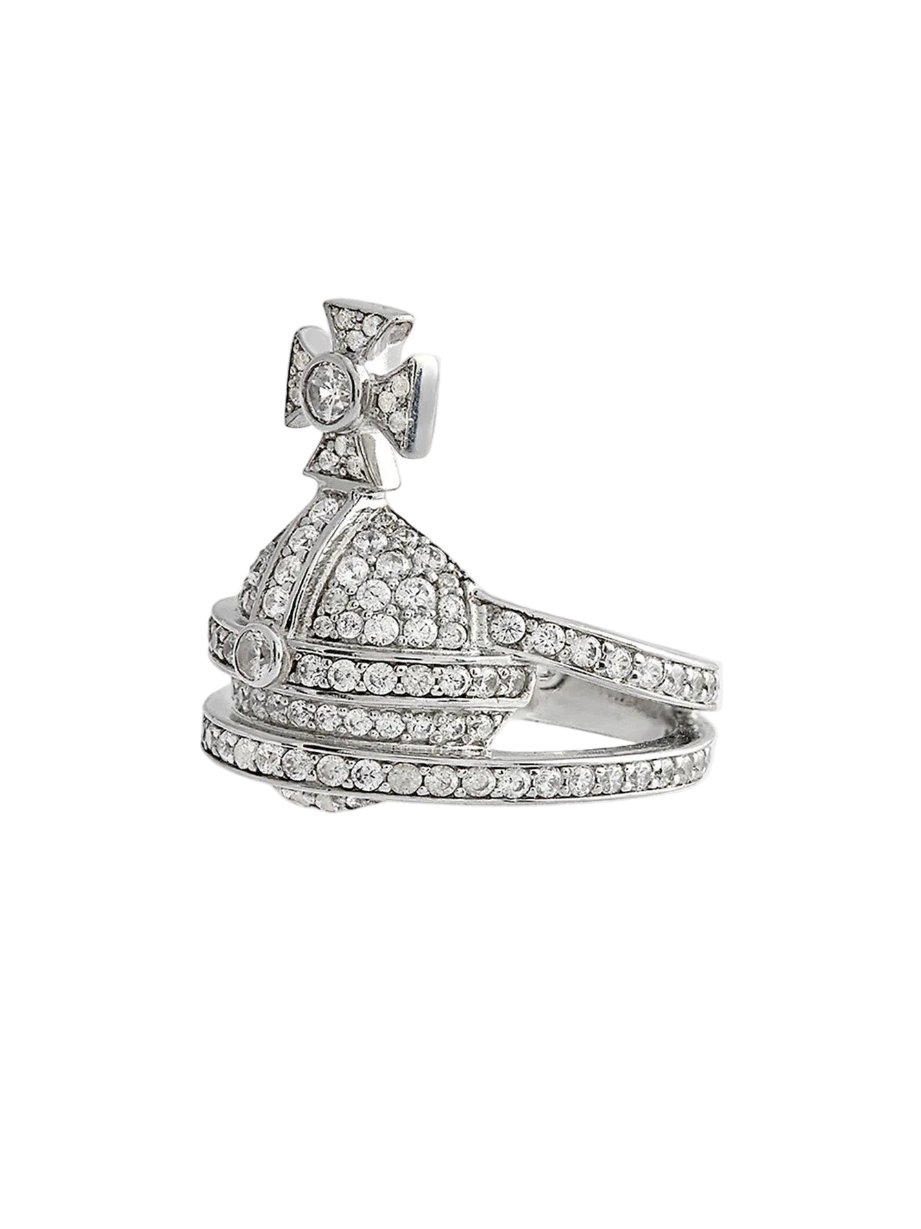 Side view of Vivienne Westwood Orb Ring with pavé-set crystals