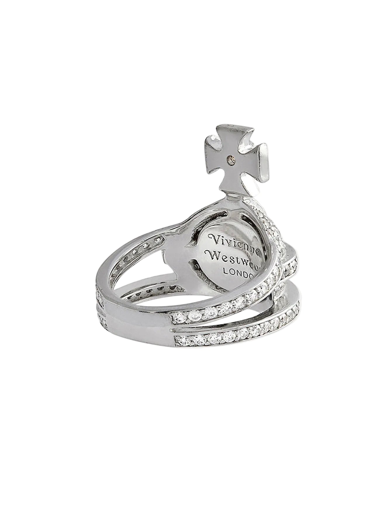 Angled view of Vivienne Westwood Orb Ring with cut-out Saturn ring detailing
