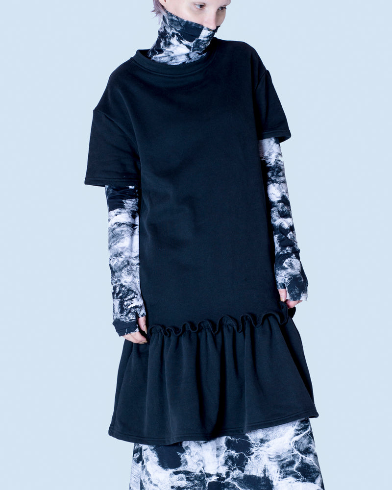 Ka Wa Key dress - French Terry T-Shirt Ruffle Dress in Ash Black 