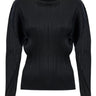 Black pleated mock neck top with long sleeves from Pleats Please Issey Miyake on a white background