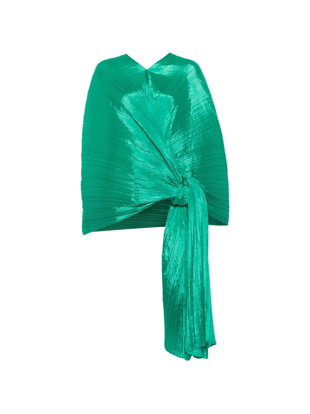 Green pleated top called Madam T by Pleats Please Issey Miyake on a white background