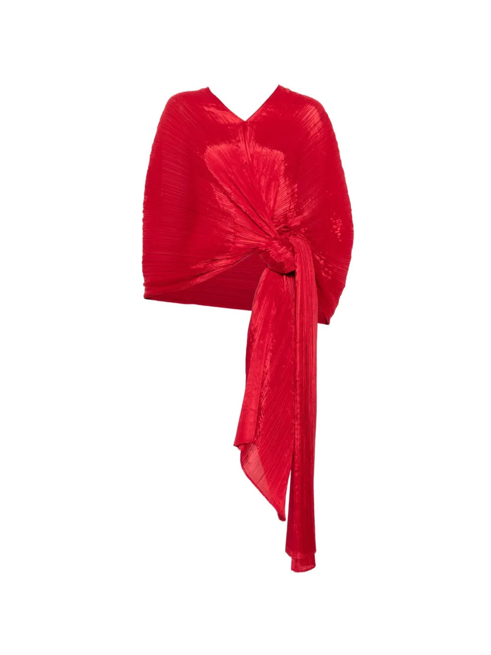 Red pleated top called Madam T by Pleats Please Issey Miyake on a white background