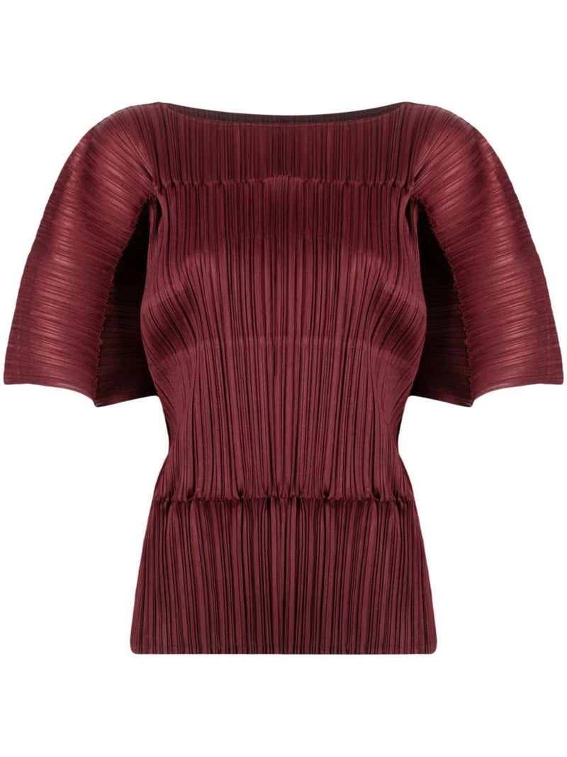 Pleats Please Issey Miyake - cropped waist pleated top in burgundy - 1