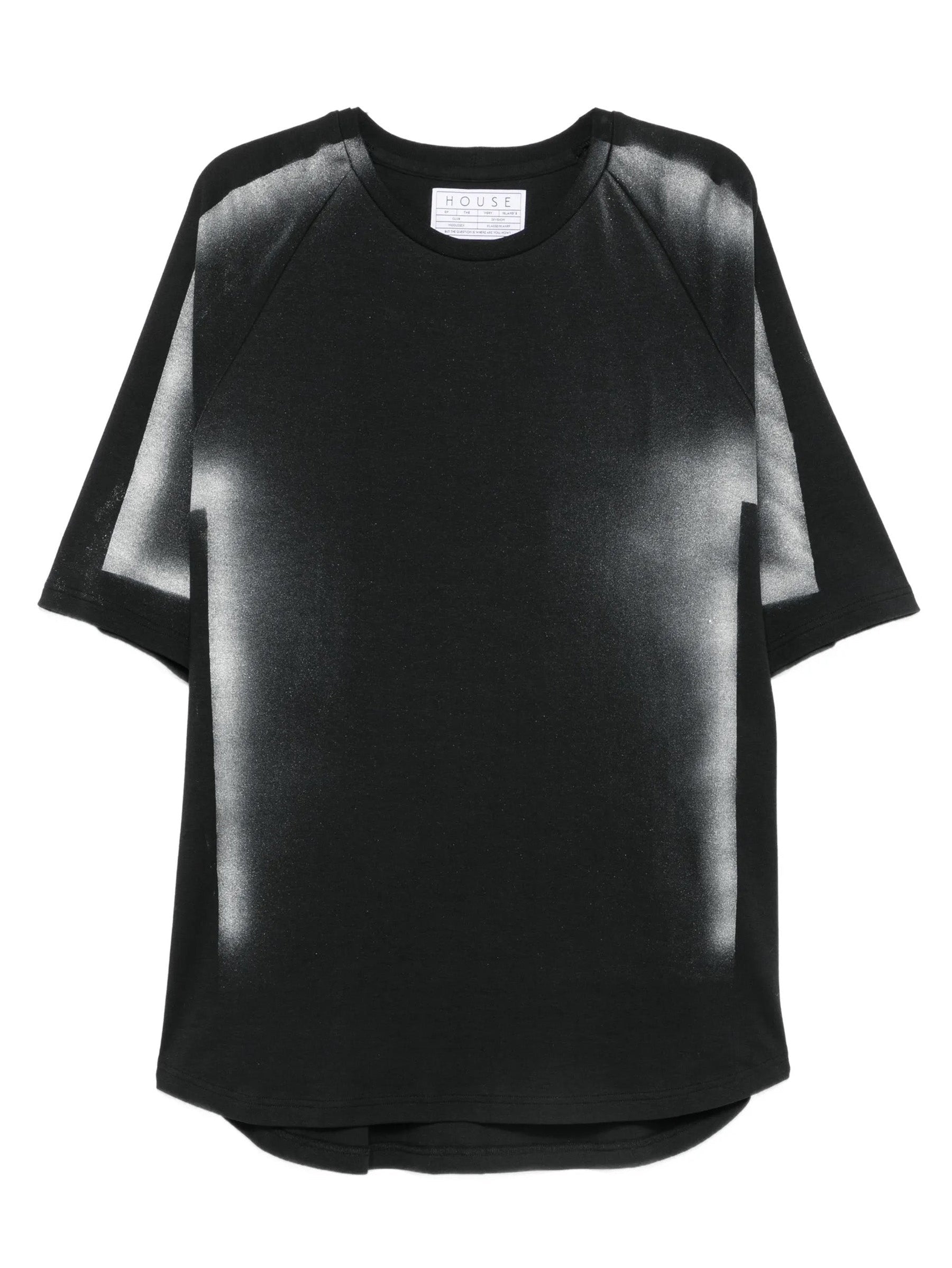 House Of The Very Islands Rae T-Shirt in Black Iridescent Print - flat lay showing oversized organic cotton t-shirt with all-over iridescent print and raglan sleeves