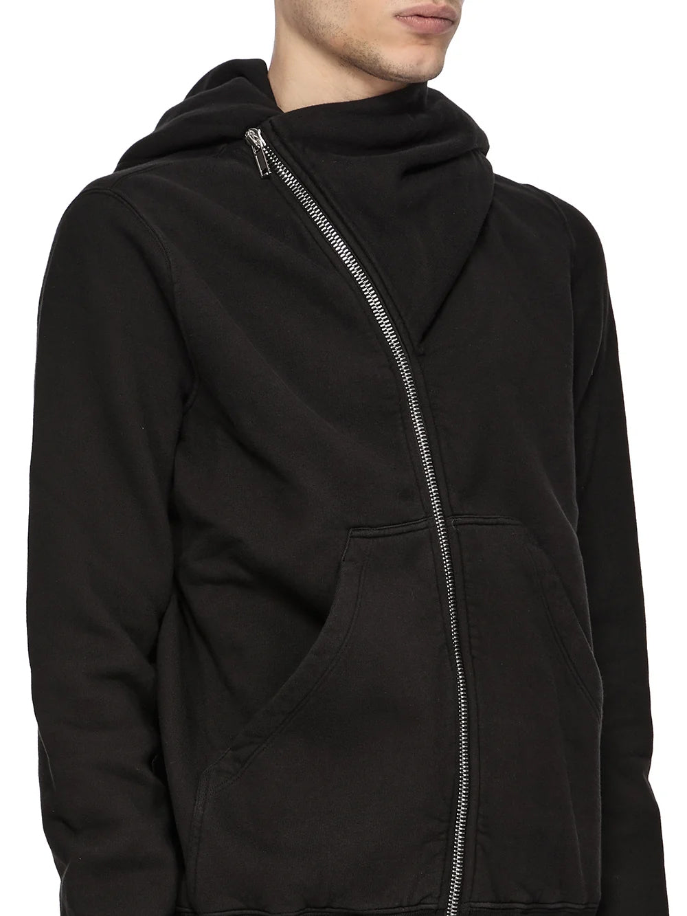 Detail view of the Rick Owens DRKSHDW Mountain Hoodie in Black worn on a model, highlighting the asymmetric curved zip and sculptural pointed hood.