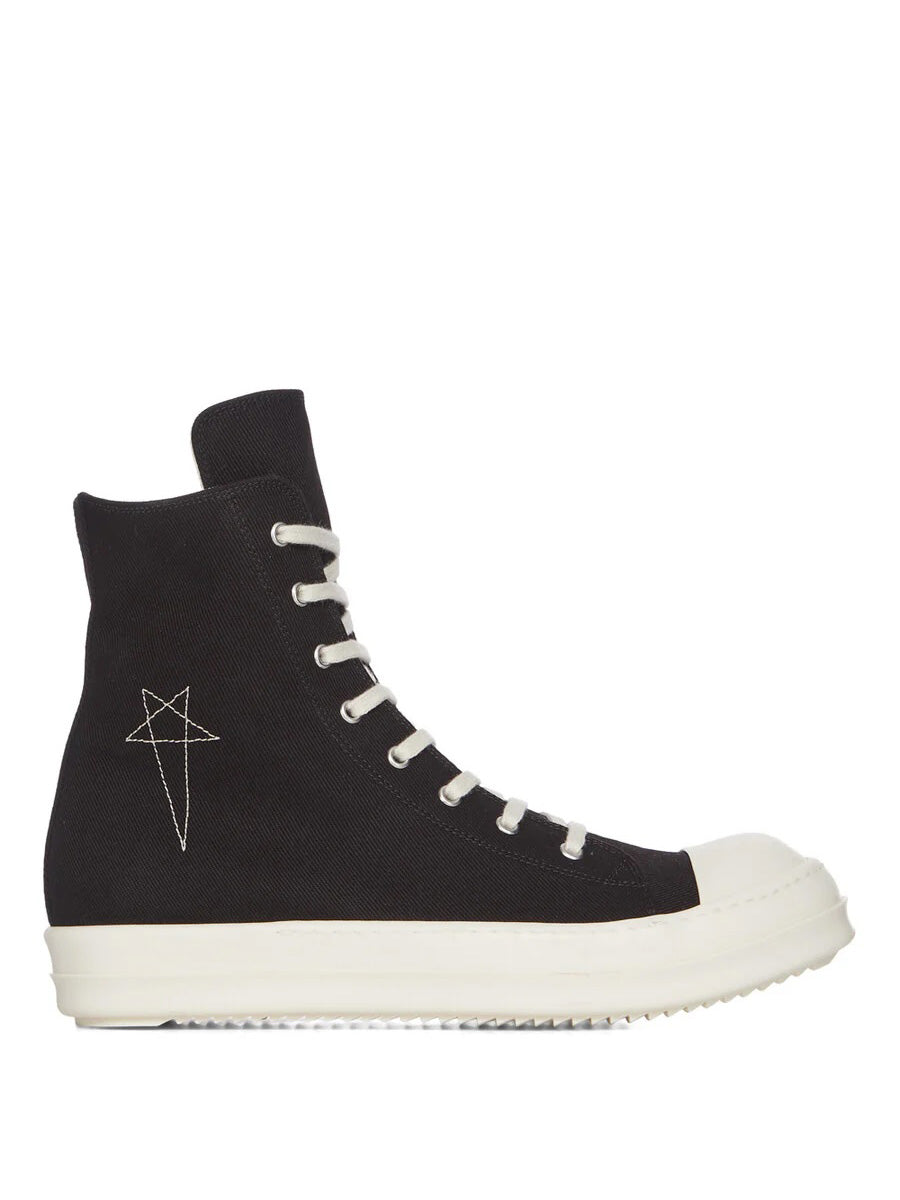 Rick Owens DRKSHDW AW26 Sneaks in Black Pearl Milk with black canvas high-top upper, milk white sole, laces and star embroidery