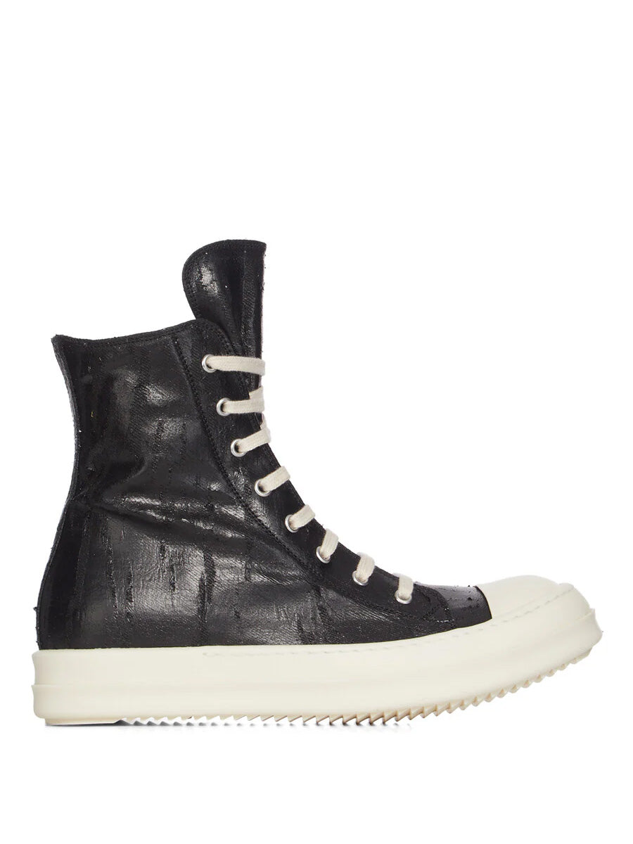 Rick Owens DRKSHDW Tower Sneaks in Black Megacrust Denim with cracked black waxed denim upper, milk white toe cap, cream laces and shark tooth rubber sole