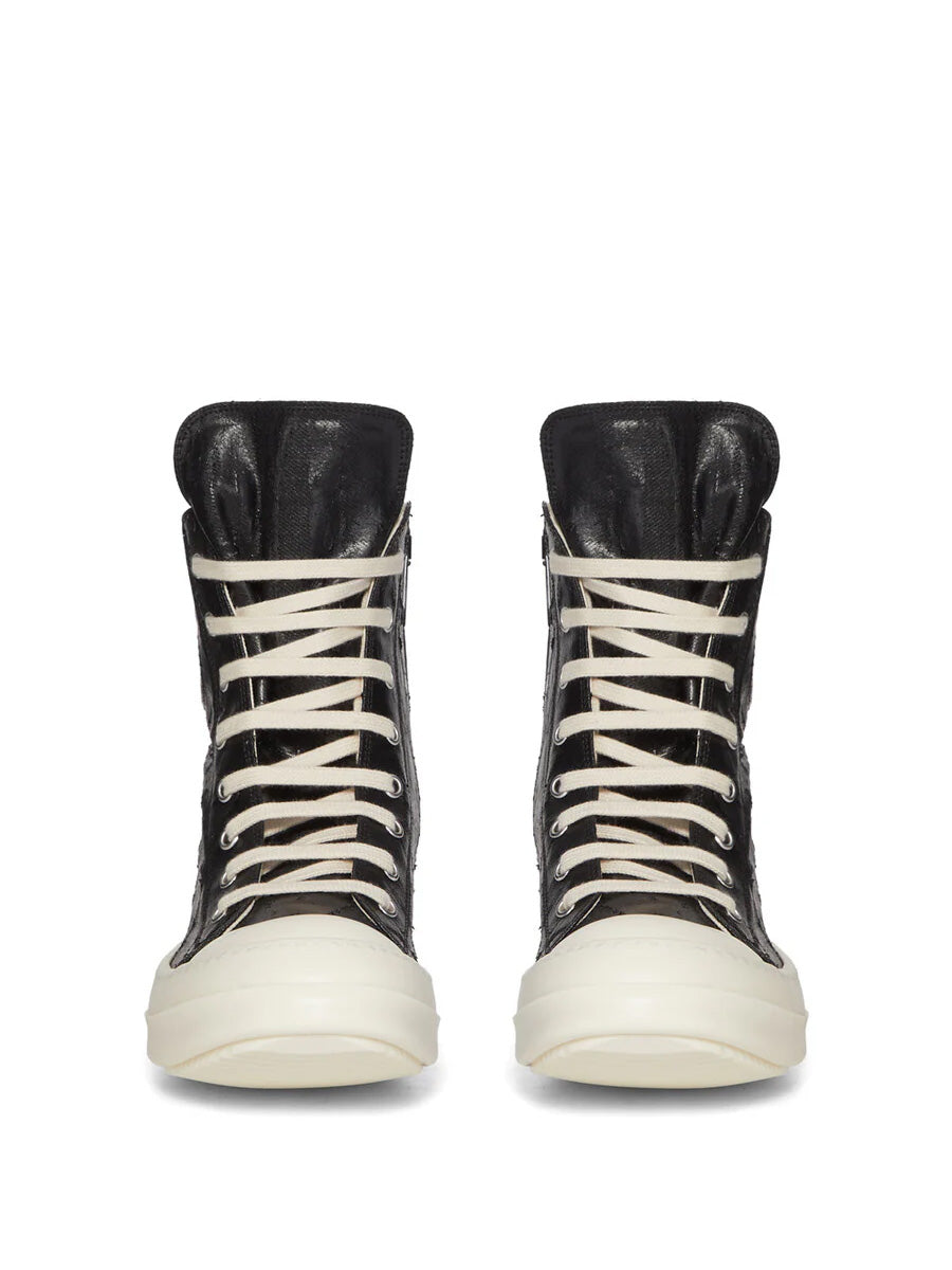 Front view of Rick Owens DRKSHDW Tower Sneaks in Black Megacrust Denim with cream laces, milk white toe caps and above-ankle high-top silhouette