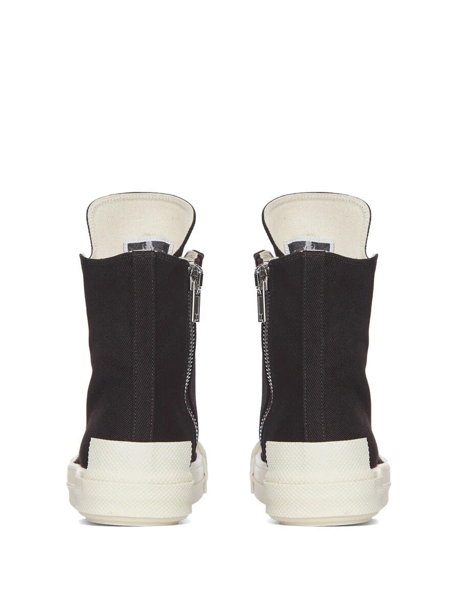 Back view of Rick Owens DRKSHDW Tower Sneaks in Black Overdyed Denim with high-top silhouette, structured milk white rubber heel detail and contrasting sole