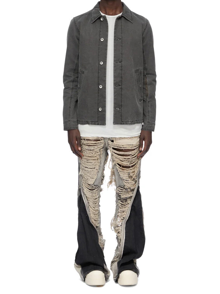 Rick Owens DRKSHDW Brad Jacket in Gravel worn from the front, showing its straight hip-length fit and washed cotton canvas finish.
