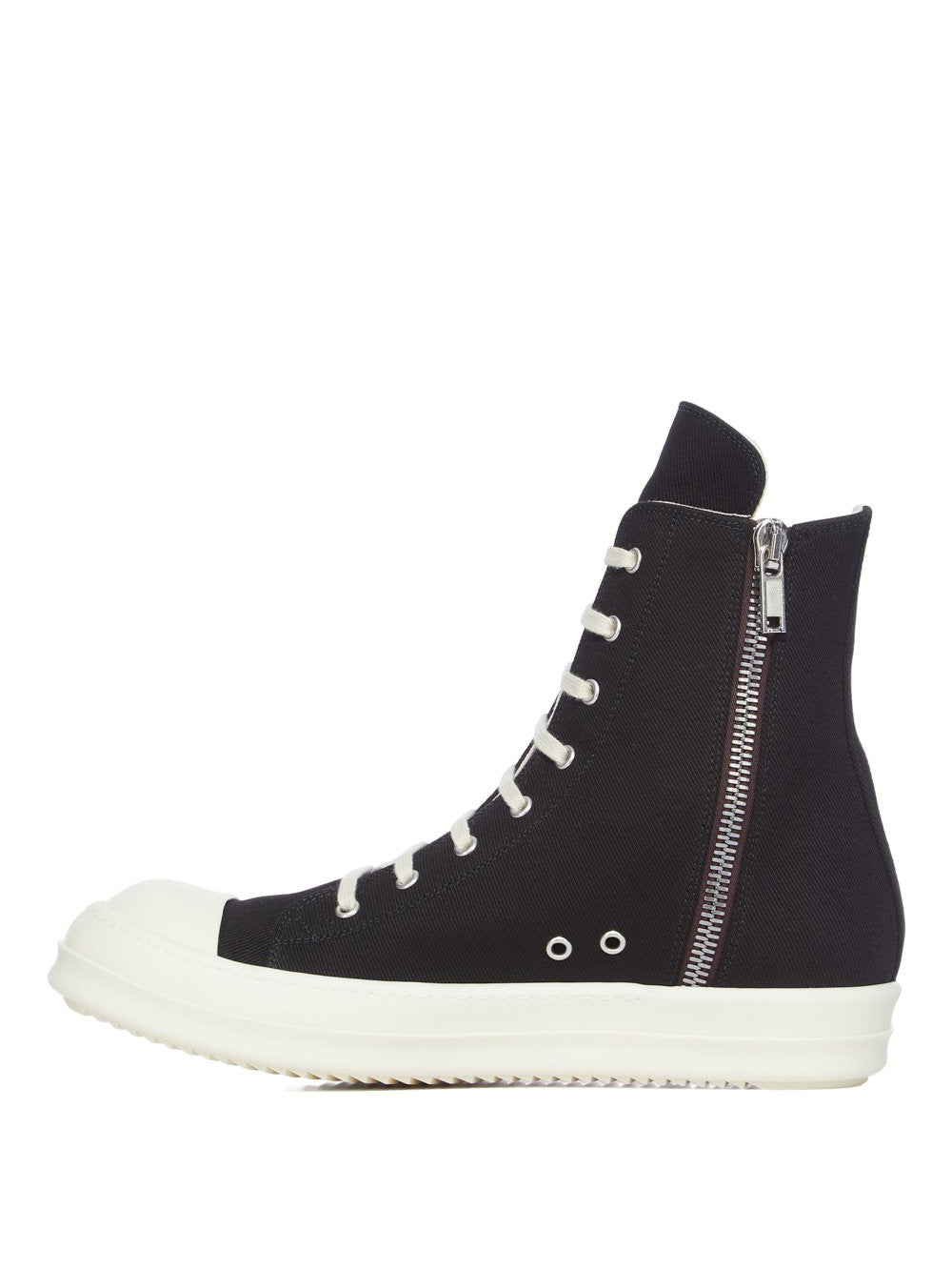 Side profile of the denim Cargo sneakers from Rick Owens DRKSHDW on a white background