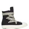 Side profile of the denim Megalace sneakers from Rick Owens DRKSHDW on a white background