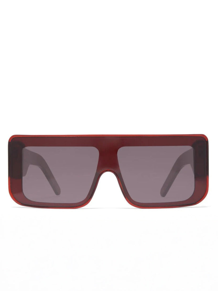 Rick Owens Documenta Sunglasses in Blood Temple/Black Lens with large red acetate rectangular frame, black single-cut lens and wide temples