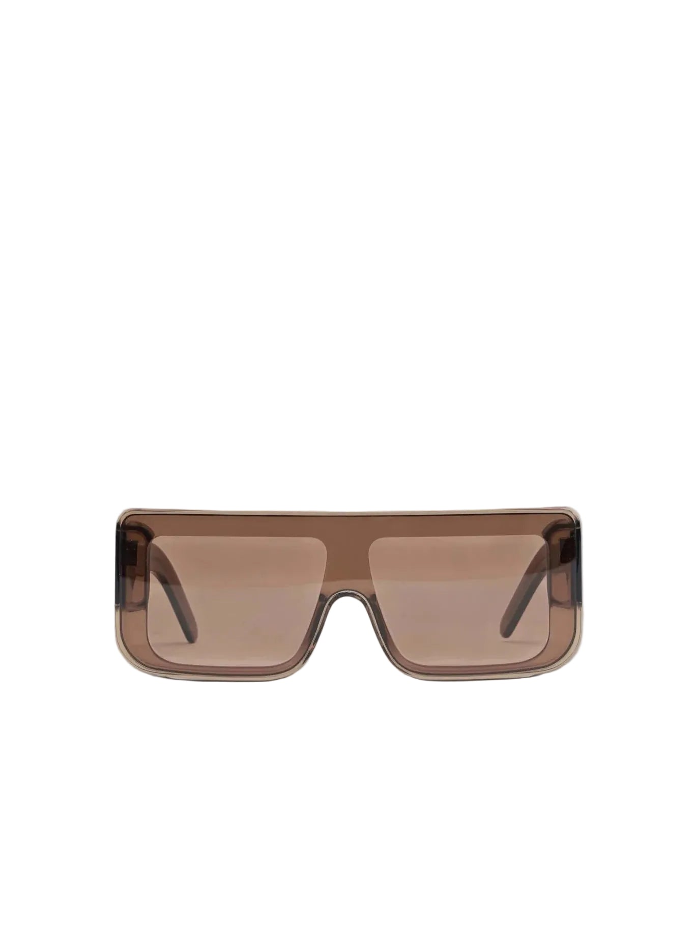 Rick Owens DRKSHDW Documenta Sunglasses in Tobacco Temple Brown Lens with oversized rectangular frame, brown-tinted lenses and transparent brown temples