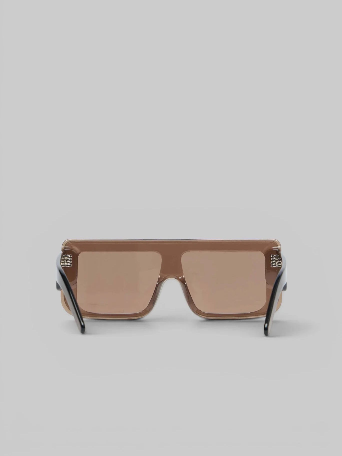 Front view of Rick Owens DRKSHDW Documenta Sunglasses in tobacco brown with brown lenses, angular bridge and bold rectangular silhouette