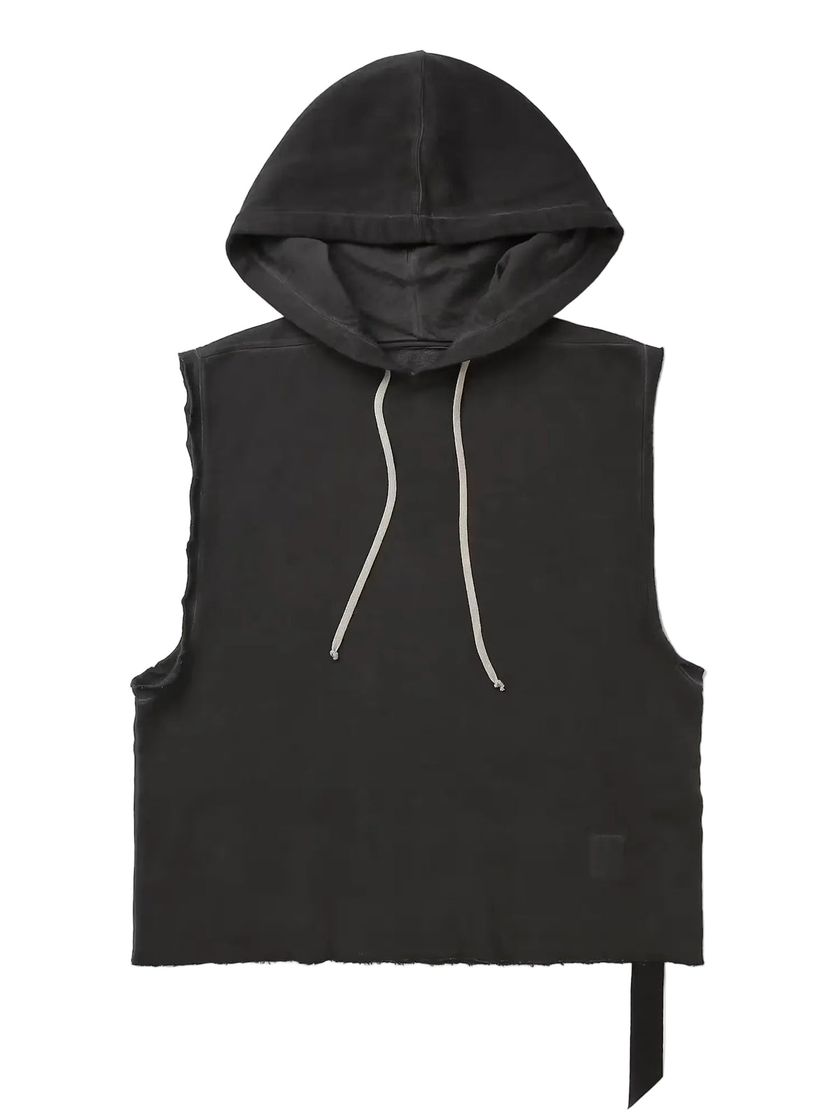 Rick Owens DRKSHDW Hooded Tunic in Faded Black shown from the front with sleeveless construction, drawstring hood and raw-cut edges.