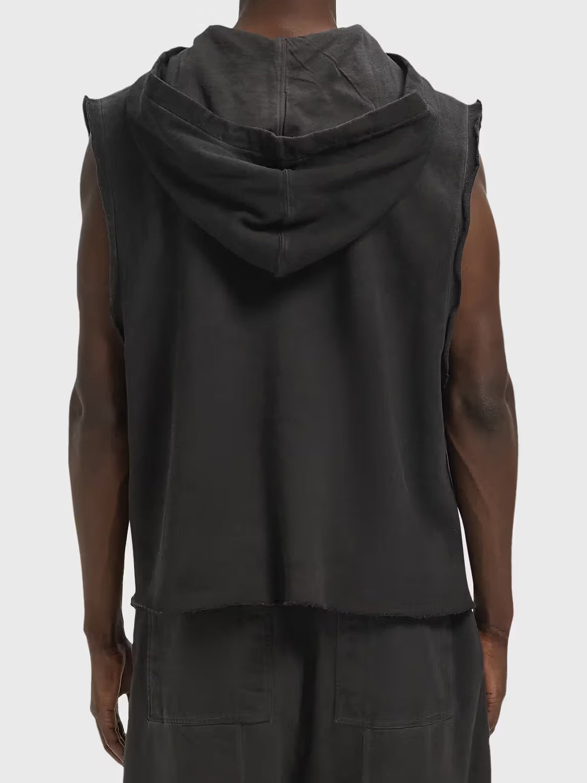 Back view of Rick Owens DRKSHDW Hooded Tunic in Faded Black showing the sleeveless silhouette, hood and raw-cut hem.