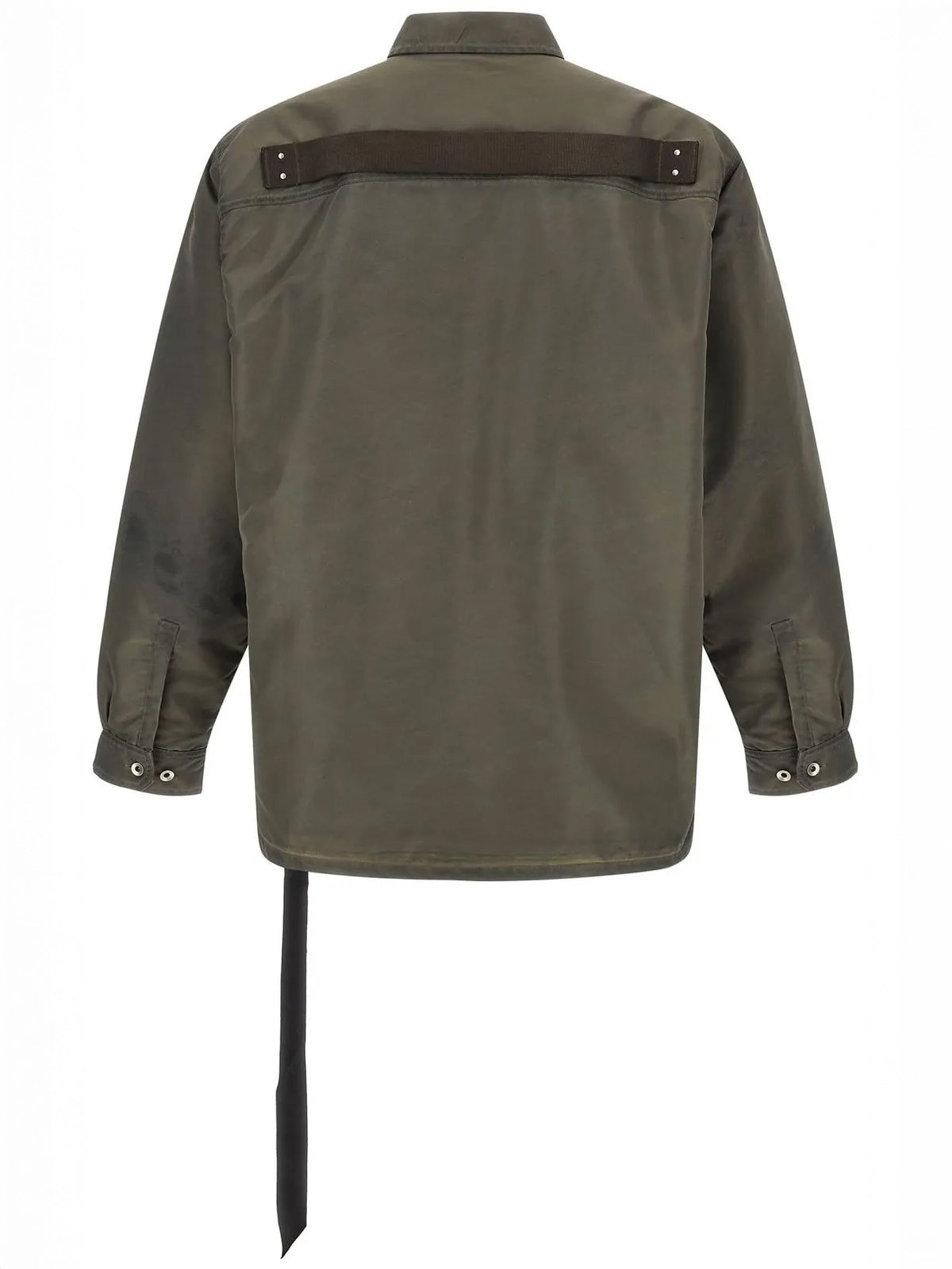 Back view of Rick Owens DRKSHDW Jumbo Outershirt in Dust showing the oversized silhouette, horizontal strap detail and elongated ribbon.