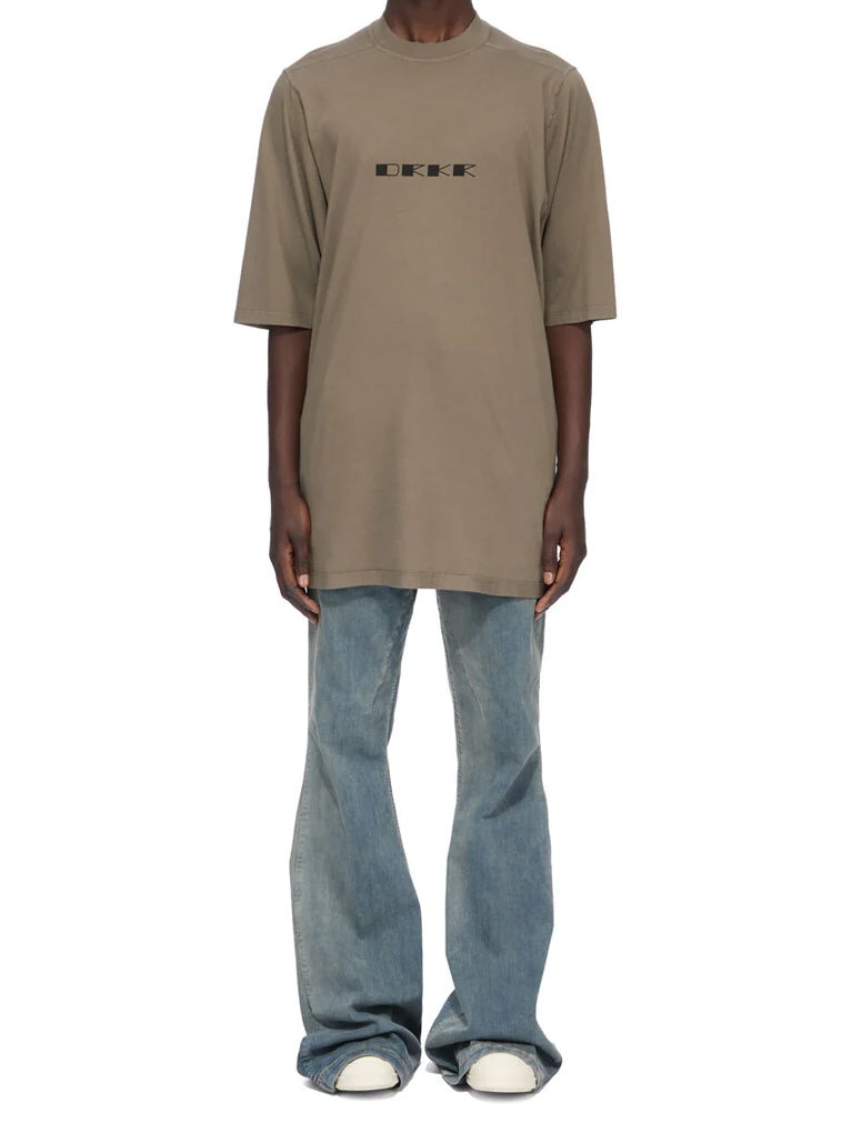 Rick Owens DRKSHDW Jumbo SS T in Dust/Black worn on a model, showing the elongated fit, dropped shoulders and wide short sleeves.