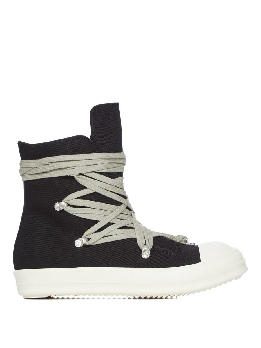 Rick Owens DRKSHDW Megalace Sneaks in Black Overdyed Denim with black high-top denim upper, exaggerated pale grey wraparound megalaces, milk white toe cap and serrated sole