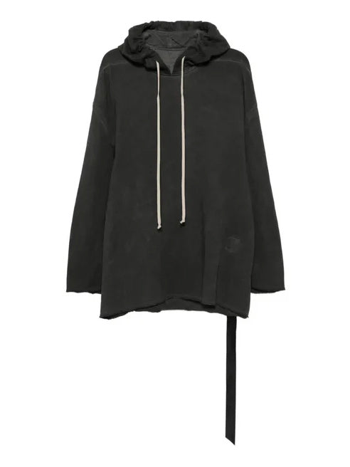 Rick Owens DRKSHDW Peter Hoodie in Faded Black shown from the front with oversized silhouette, drawstring hood, long sleeves and raw-cut hem.