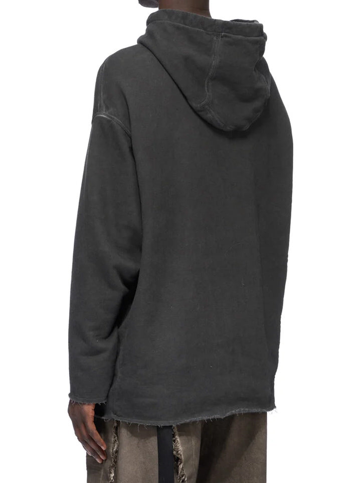 Back view of Rick Owens DRKSHDW Peter Hoodie in Faded Black worn on model, showing the relaxed silhouette, hood and washed finish.