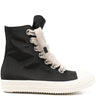 Black high-top sneakers with jumbo laces from Rick Owens on a white background