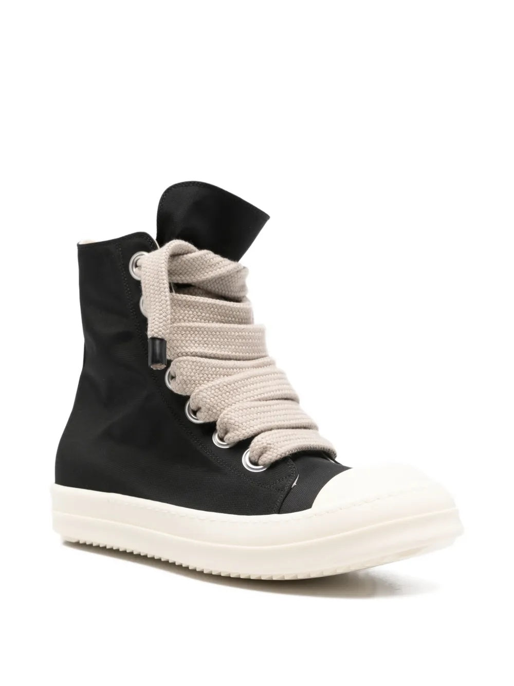 Black high-top sneakers with jumbo laces from Rick Owens on a white background