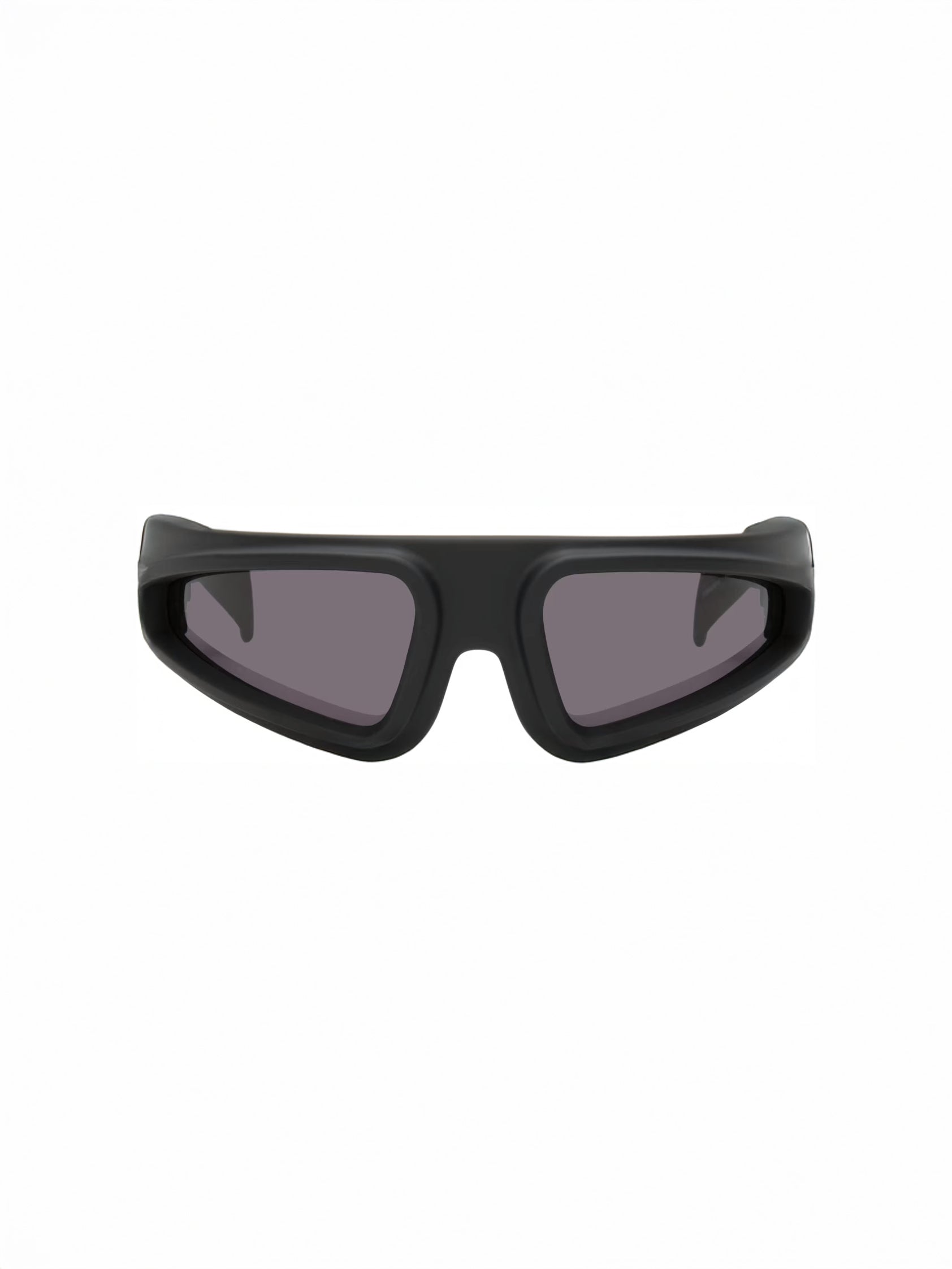 Rick Owens DRKSHDW Ryder Sunglasses in black with wraparound cat-eye frame, dark grey lenses and raised lens rims.