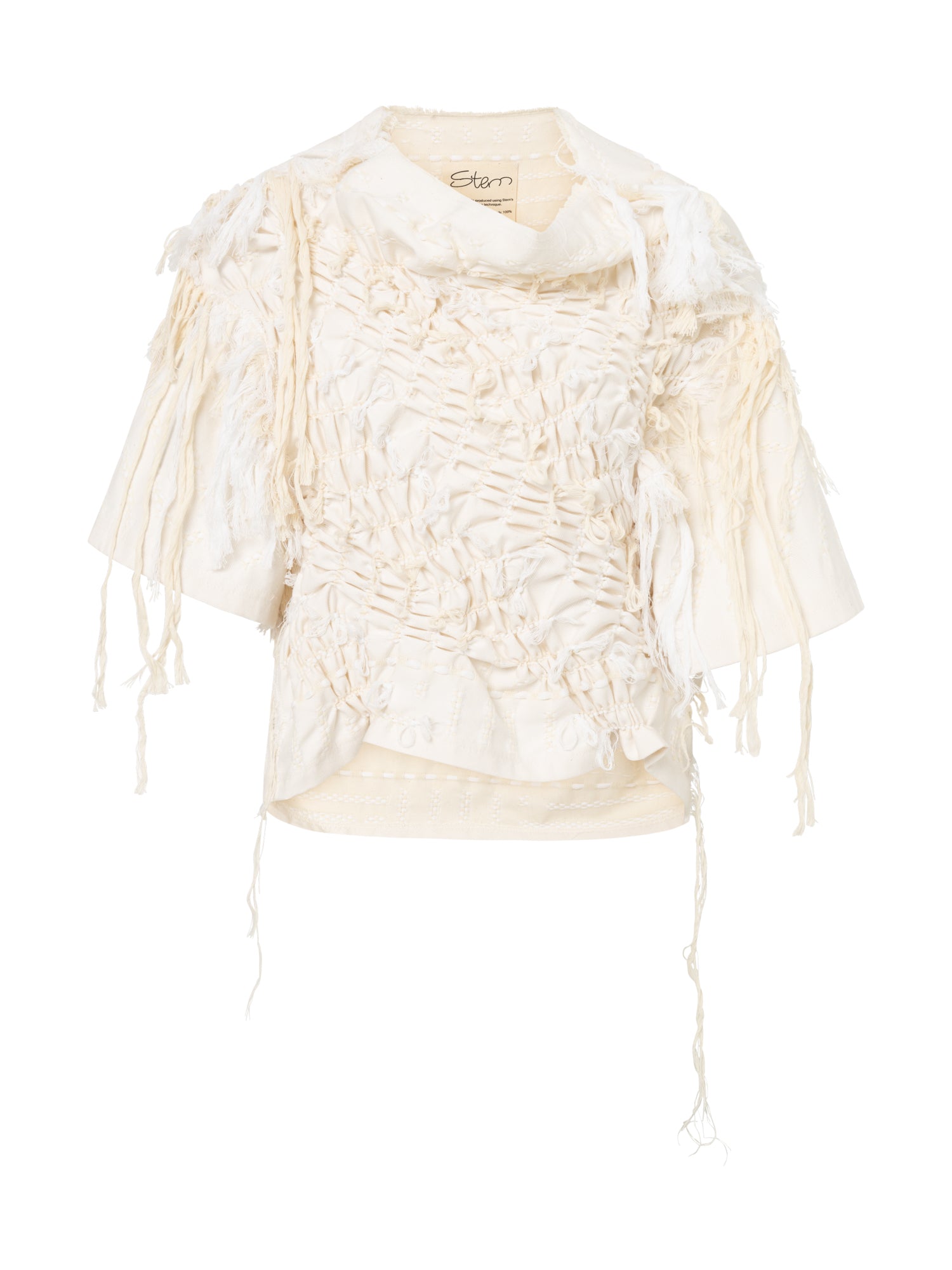 Stem Basket Tee in off-white, front view, hand-pulled and knotted texture with fringe detailing across body and shoulders