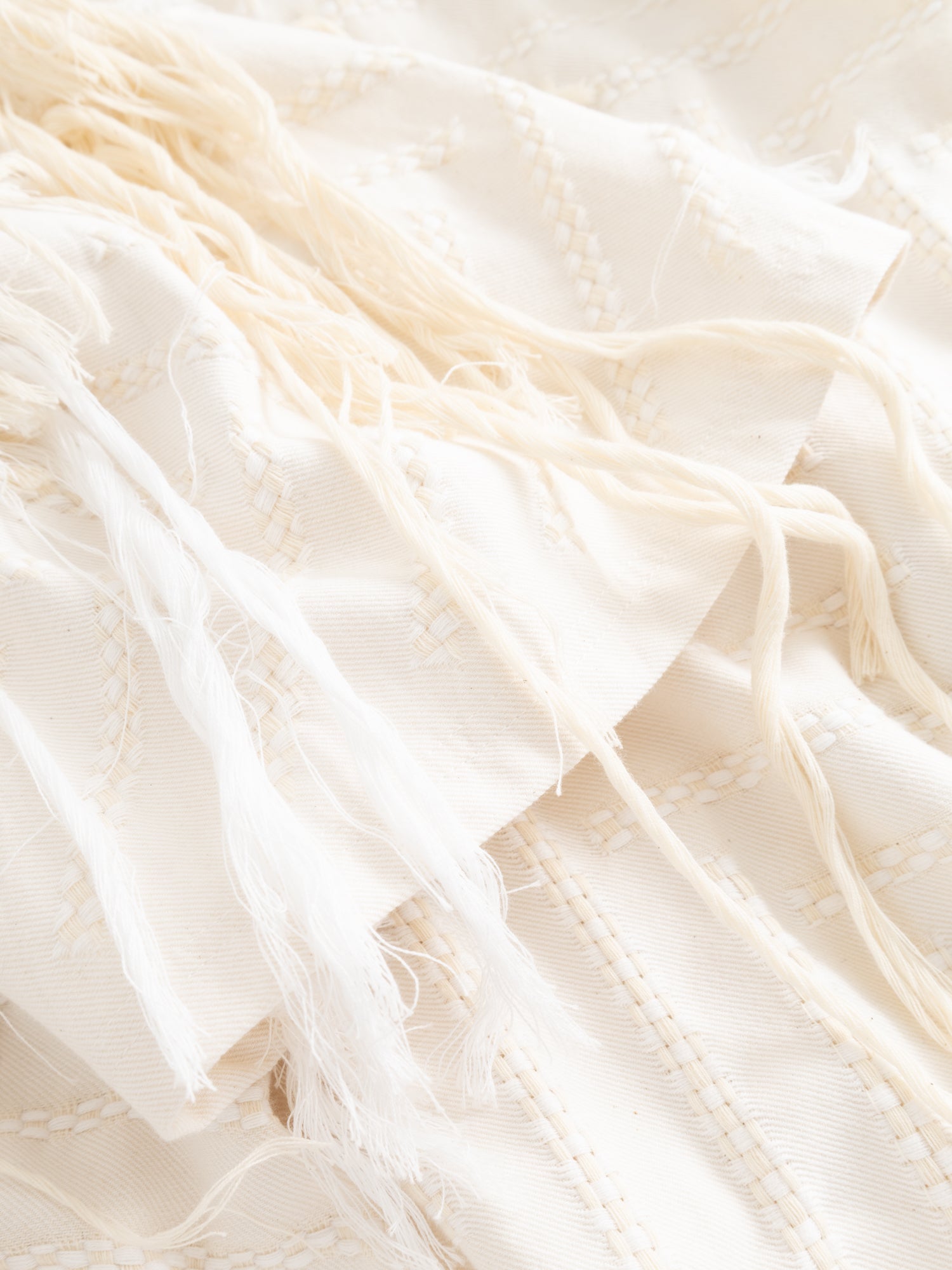 Stem Basket Tee in off-white, close-up of hand-pulled drawn-thread texture and fringe detail on woven cotton fabric