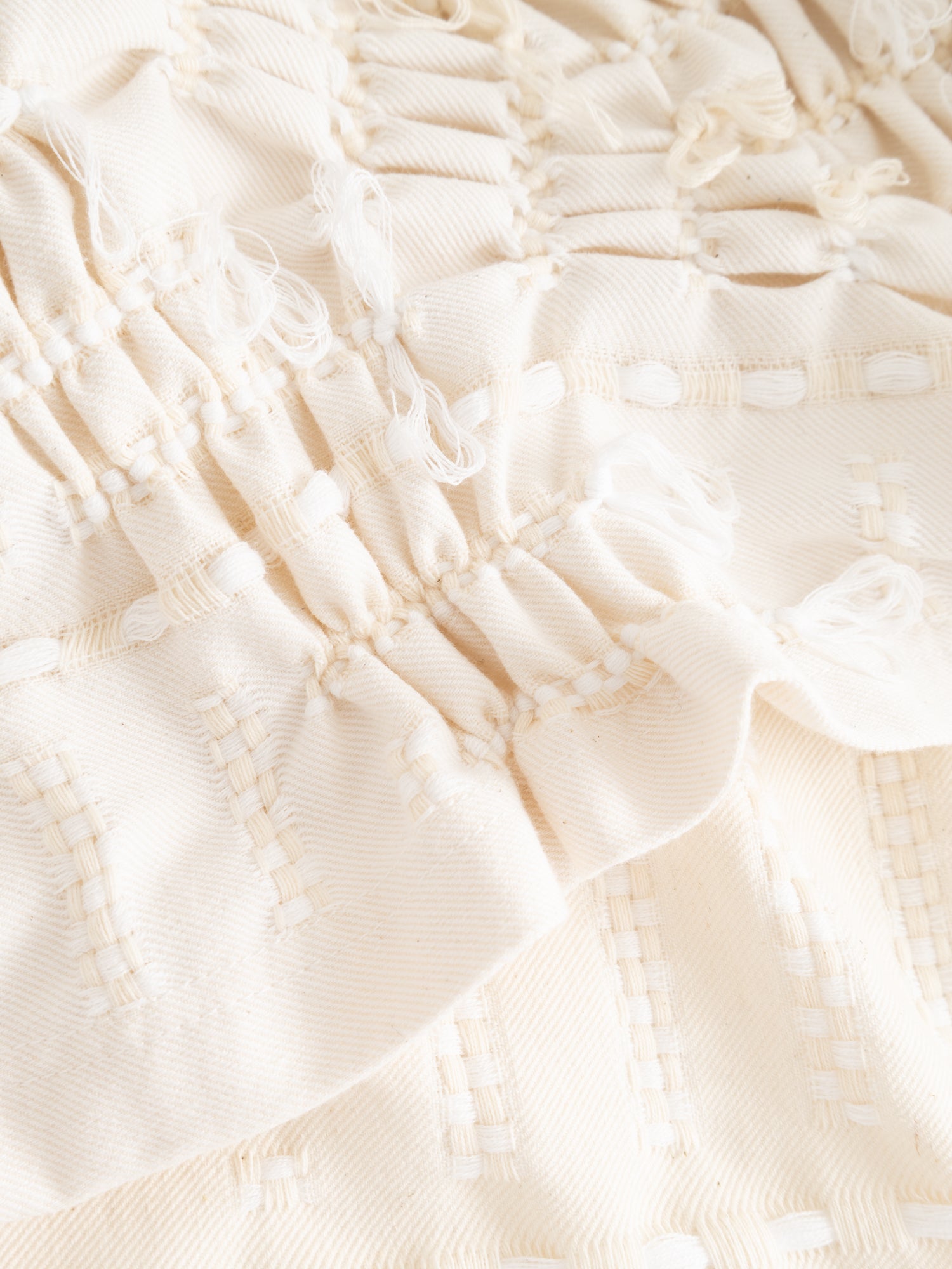 Stem Basket Tee in off-white, close-up of hand-knotted surface texture and zero-waste textile construction detail