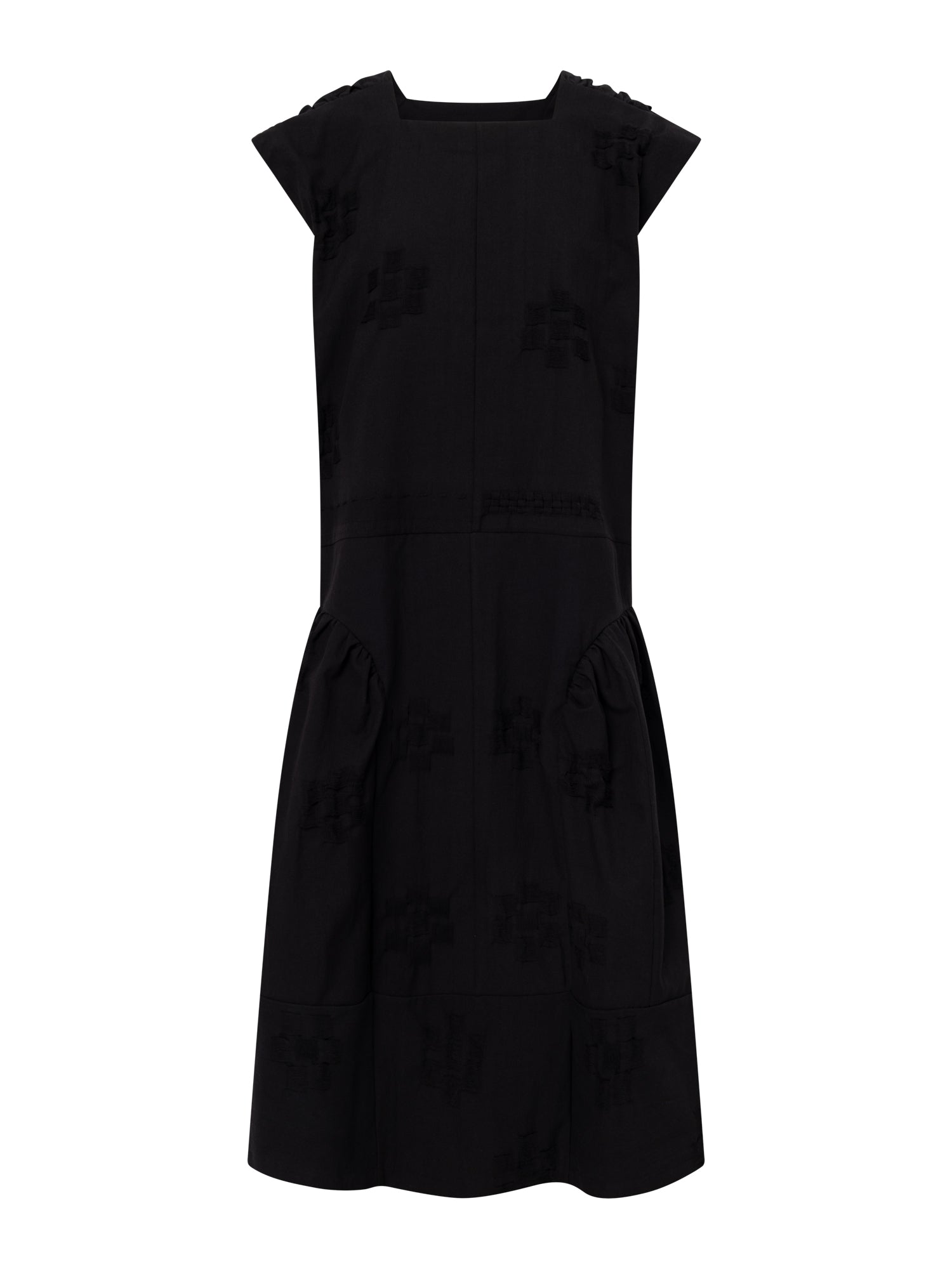 Stem Patchwork Dress in black, front view, square neckline and cap sleeves with gathered waist and full midi skirt