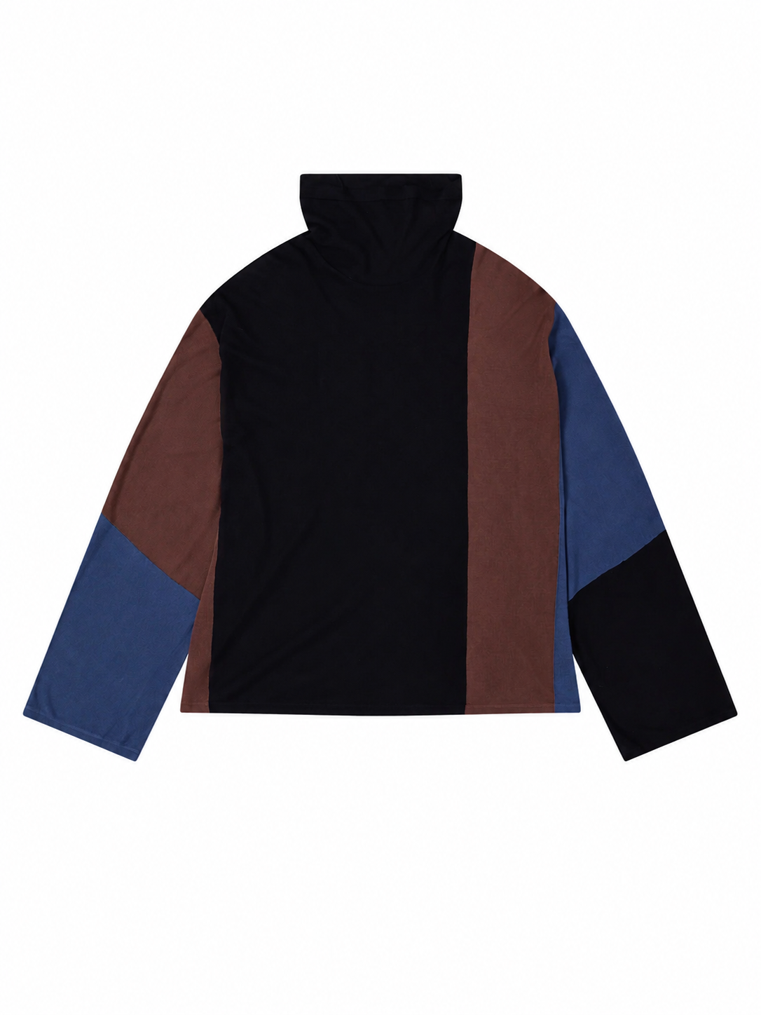 Kiko Kostadinov SIGO Knit Top in navy, brown and blue with turtle neck, relaxed fit and colour-block chevron stripe construction shown from the back