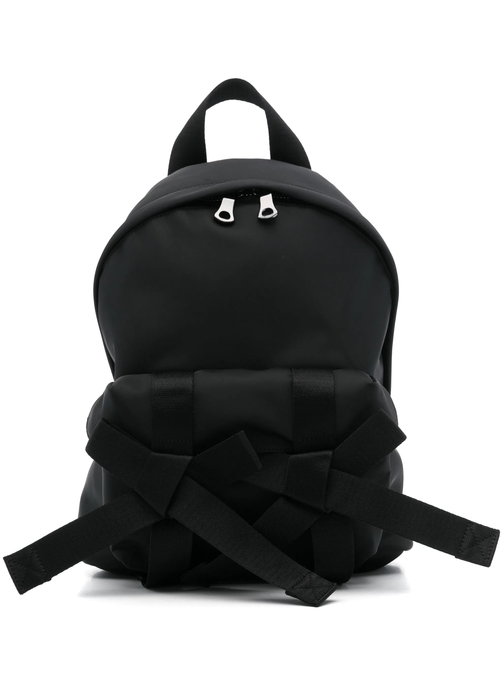 Black backpack with woven straps on a white background