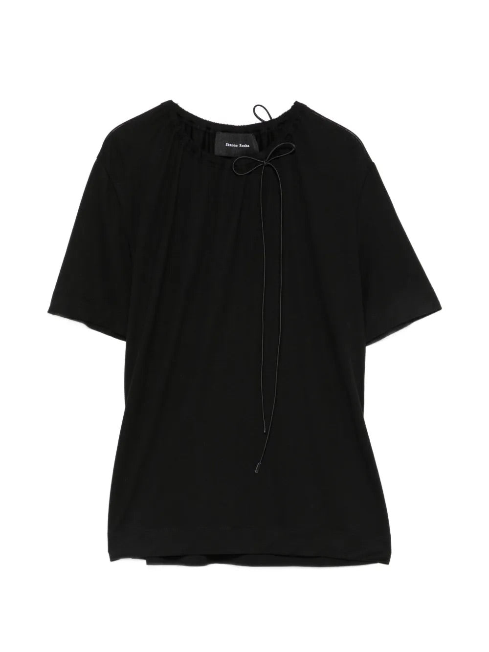 Simone Rocha Cord Neck Easy T-Shirt in black fine jersey with bow detail, crew neck and soft draped silhouette